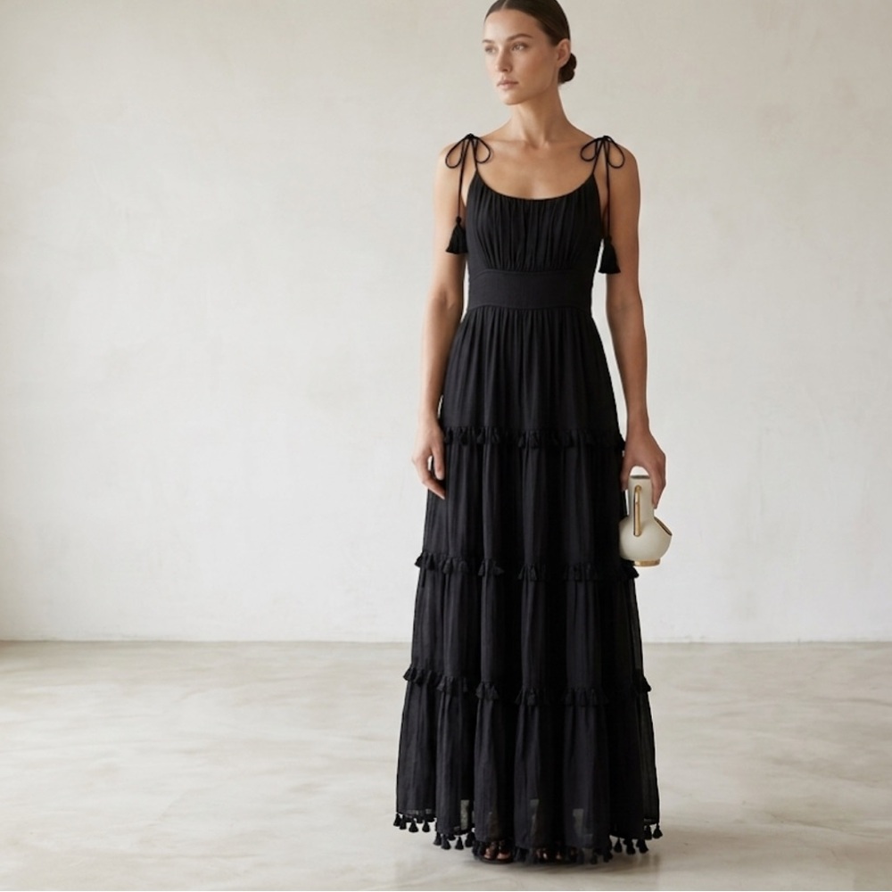 Allison New York Black Cotton Tiered Tasseled Maxi Dress Small